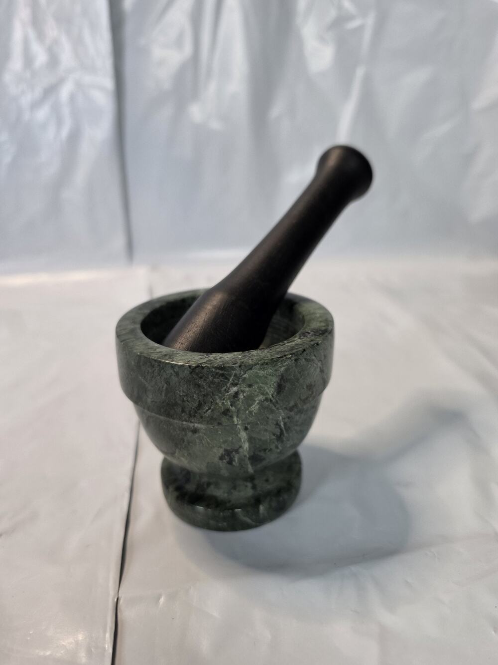 Vintage Mortar & Pestle Footed Green Grey Swirl Natural Stone Marble With Pestil